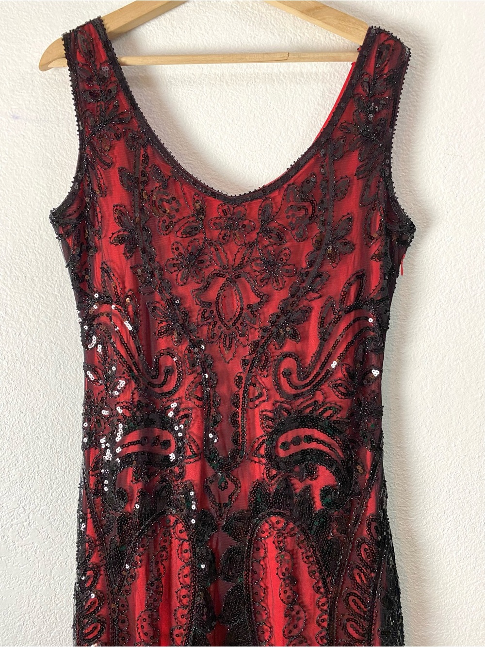 Fundaisy 1920s Red Black Sequin Fringe Flapper Dress Large Gatsby Cocktail Party - Picture 4 of 12